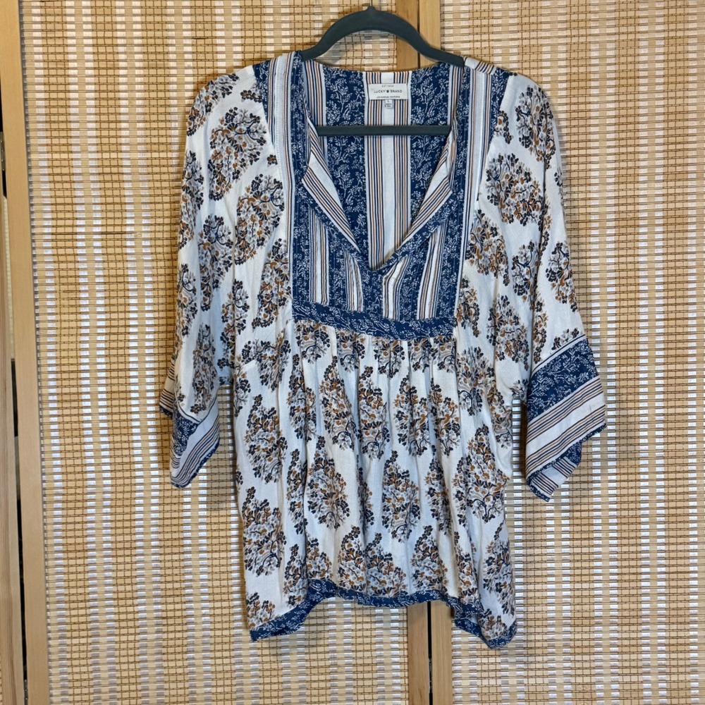 Lucky Brand Blue White Floral Stripe Boho Peasant Blouse Large Bohemian Casual